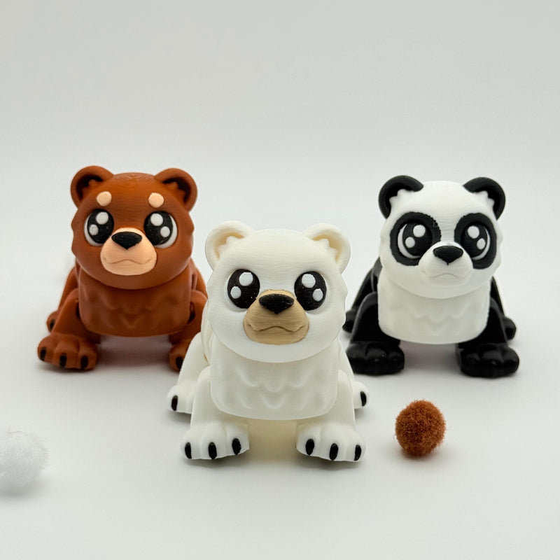 Bear Cub Set of 3 | 3D Printed | Articulated Collectible for Desk  Monster Decor Nature Panda Polar Brown