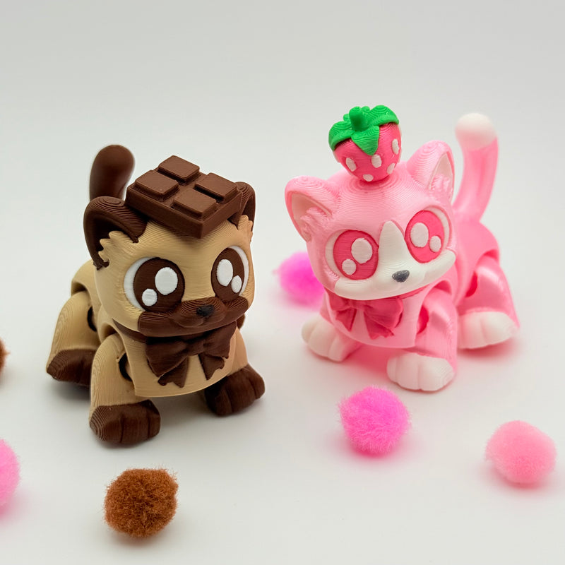 Chocolate & Strawberry Kitties | 3D Printed | Articulated Collectible for Desk